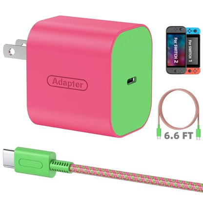 Switch 2 Charger with 6.6FT/2M USB-C Cable - 60W AC Power Adapter, Support 4K TV Dock & PD3.0 Fast Charging, Power Supply 20V/3A Charger for Nintendo Switch 2/1, Wii Charger(6.6FT - Neon Pink & Green) - size: 6.6FT (Neon Pink & Green)