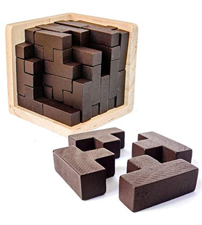 AHYUAN Wooden Brain Teaser Puzzles Cube Stocking Stuffers Wooden Puzzles T-Shaped Jigsaw Logic Puzzle Educational Games Toy for Kids and Adults (Coffee) - color: Coffee