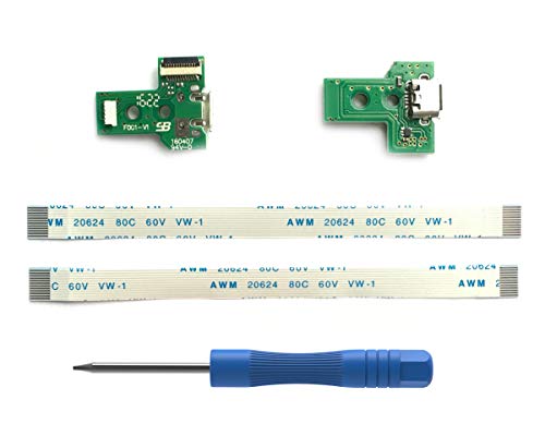 2PCs JDS-030 Replacement Charging Port Assembly for PS4 DualShock 4, Repair Part Micro USB Adaptor Charger Socket Board Connector Module for PlayStation DS4 Controller, Flex Cable, Tool Screwdriver - color: JDS-030