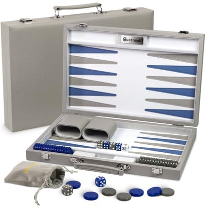 Large Gray Backgammon Set for Adults - Classic Board Game for 2 Players Adults and Kids - Premium 15 Inch Backgammon Board with 32 Playing Pieces in Quality PU Leather Case - style: Premium Grey