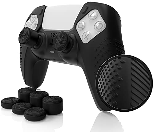 SensePro PS5 Controller Skin Grip, Anti-Slip Studded, Black | Dock Compatible, Soft Gel Silicone Cover for Playstation 5 Dualsense, Rubber Protector, Raised Thumb Grip Caps - color: Black