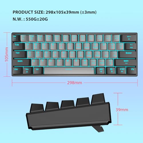 Snpurdiri 60% Wired Mechanical Gaming Keyboard (Black-Grey, Red Switches) | Ice Blue LED Backlit 61 Keys Mini Wired Office Keyboard for Windows Laptop PC Mac - color: Black Grey(Ice Blue Light)/Red Switch