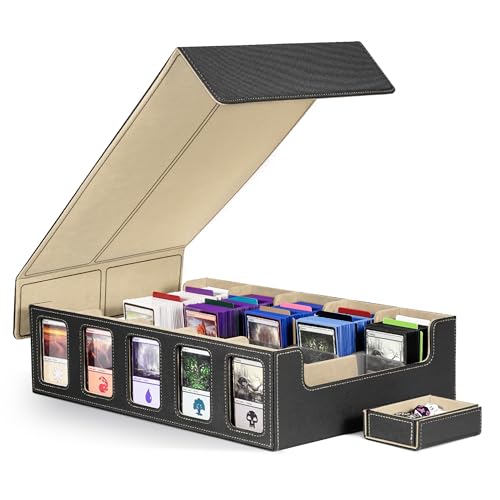 Kabinka Trading Card Storage Box with Commander Display, 5-Row 3900+ MTG Storage Box, Card Deck Box for MTG TCG Sports Card, 5 Top Loaders, 5 Stoppers, 48 Dividers,1 Dice Tray (Black Gold) - color: A1-Black& Gold, size: 3900+