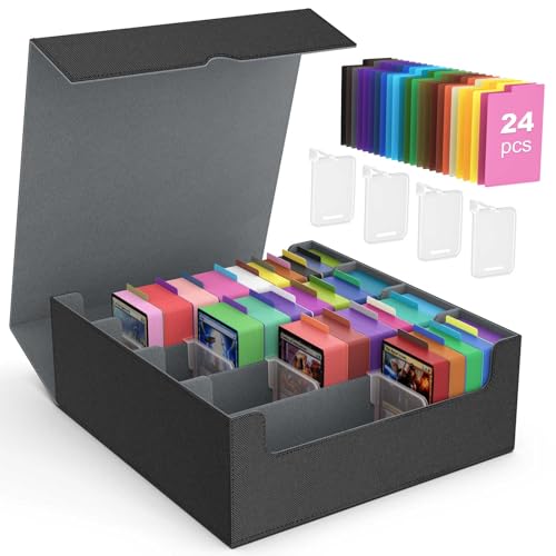 MoKo Trading Card Storage Box for MTG, 3000+ Card Organizer, Black Grey | MTG Deck Box, w/ 24 Colorful Dividers & 4 Card Supporters, MTG Card Storage for Magic Game, TCG, PTG Baseball and Sport Cards - color: Black Grey, size: 4 Slots without side display