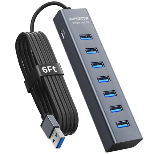 6Ft 7-Port USB 3.0 Hub for Desktop, Aluminium USB Extender Hub 5Gbps, Multiport Adapter, Long Cable for Desktop, PC, Flash Drive, Mobile HDD, Windows/XPS, 1.8m - size: 6Ft