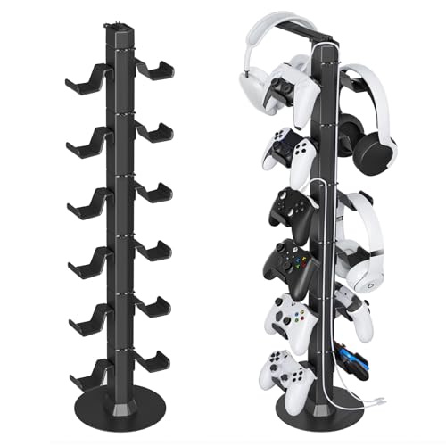 Gaming Controller & Headset Holder Stand for Desk, with Charger Cable Organizer Headphone Stand for PS5/ Xbox/ PS4/ Switch, Metal Base Controller Hook for Storage with 360° Rotatable Hanger- 6 Tiers - size: 6 Tiers