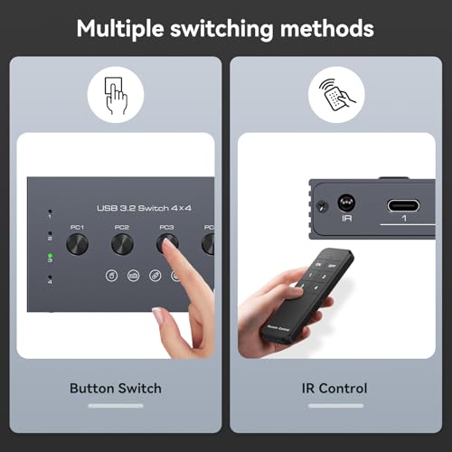 USB 3.2 Switch Selector 4 Computers Share 1 USBC & 3 USBA Devices 10Gbps 4 Port USB Switcher Sharing Keyboard Mouse Printer Scanner with Cable and Remote Control and a dapter - color: Silver Grey