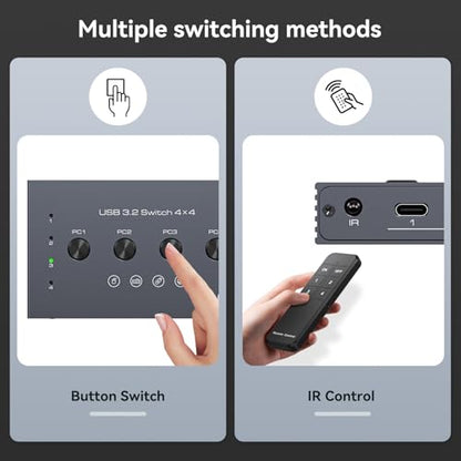 USB 3.2 Switch Selector 4 Computers Share 1 USBC & 3 USBA Devices 10Gbps 4 Port USB Switcher Sharing Keyboard Mouse Printer Scanner with Cable and Remote Control and a dapter - color: Silver Grey