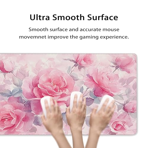 31.5”x11.8”Large Gaming Mouse Pad for Desk, Mouse Mat with Seamed Edges, Waterproof Desk Pad, Non-Slip Rubber Base, Keyboard Pad Computer Mat, Big XL Mousepad-Pink Roses Watercolor - color: Pink Roses Watercolor