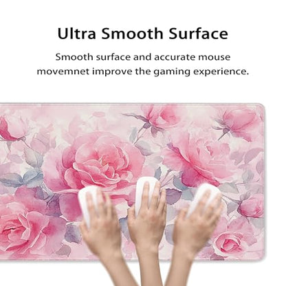 31.5”x11.8”Large Gaming Mouse Pad for Desk, Mouse Mat with Seamed Edges, Waterproof Desk Pad, Non-Slip Rubber Base, Keyboard Pad Computer Mat, Big XL Mousepad-Pink Roses Watercolor - color: Pink Roses Watercolor