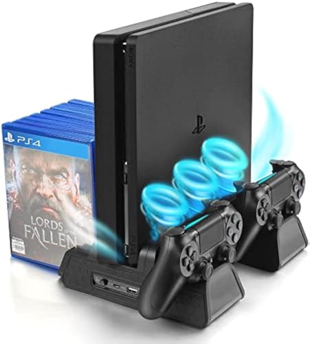 Vertical Stand for PS4/PS4 Slim/PS4 Pro, Black | Cooling Fan, Controller Charging Station, 12pcs Game Storage, PlayStation 4 Charger