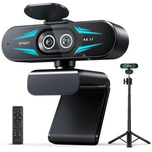 EMEET C60E Dual 4K Webcam for Streaming with Tripod, Wide-Angle and Telephoto Cameras, Max 11X Hybrid Zoom & PDAF Autofocus, Remote Control, RGB Lighting, 2 Mics, Plug & Play USB Webcam for PC & Mac - style: Dual-Camera w/ Tripod