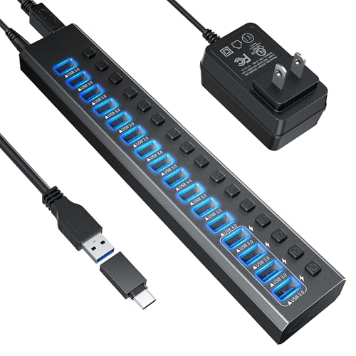 Powered USB Hub 3.0, Leinsis 16-Port USB 3.0 Hub [Durable Aluminum] 12 Data Transfer Ports+ 4 Smart Charging Ports with Individual On/Off Switches, USB Hub 3.0 Powered with Power Adapter for Laptop PC - size: 16-Port USB 3.0 Hub