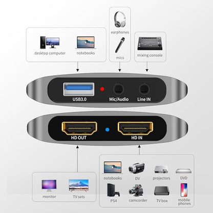 USB 3.0 Audio Video Capture Card with Microphone 4K60HZ HD Loop Output, 2K30fbs 1080p 60fps Video Recorder for Streaming Video Game Capture for Cell Phones/DSLR Cameras / PS5/Switch2 / Xbox/PC