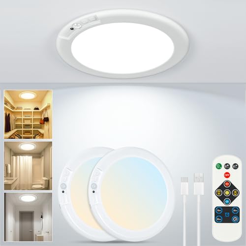 Wireless Rechargeable Ceiling Light, Motion Sensor Light Indoor with Remote | 2 Packs Battery Operated Led Night Lights for Bedroom Hallway, Living Room, Bathroom, Home & Kitchen Decor Lighting - color: Multicolor, size: 2 Packs