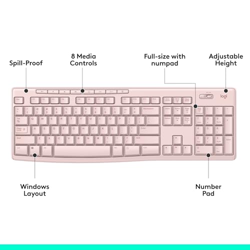 Logitech K270 Full Size Wireless Keyboard for Windows - Rose | Full-size keyboard with number pad, 8 multimedia keys, includes USB-A receiver, 2-year battery, compatible with PC, laptop - color: Rose, size: 1 Pack, style: Keyboard