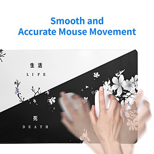 Black and White Japanese Cherry Blossom Gaming Mouse Pad Sakura Death Life Flower Mat 31.5x11.8 Inch Texture Non-Slip Rubber Base Mousepad Stitched Edges Keyboard Desk Pad for Office Home Game - color: Black and White Cherry Blossom