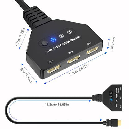 HDMI Switch 3 in 1 Out, 4K@30hz HDMI Splitter, 3 Ports HDMI Switcher Supports Full HD 1080P 3D Compatible with Roku Fire TV Stick HDTV PS4/PS5 Xbox One Chromecast, Compatible with Mac/Win/Linux