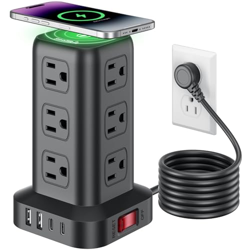 Extension Cord with Multiple Outlets, SMALLRT Power Strip Tower, Outlet Extender with 12 AC Outlets 4 USB, 6.5FT Extension Cord for Home Dorm Room, Office Supplies, Overload Protection - color: Black, size: 6.5 Ft with wireless charging