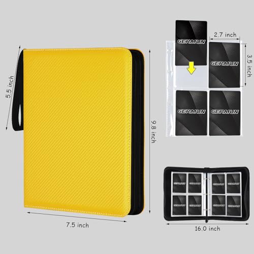 GERMUN 4 Pocket Card Binder, Premium Zip Trading Card Binder, 400 Double Sided Pocket PU Card Collection Binder, Collector Card Album, Card Folder for MTG, TCG, Sports Cards, Game Cards (Yellow) - color: 4 Pocket 400 Carbon Yellow