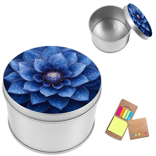 Metal Round Storage Containers Box with Lid, Metal Tins Organizer Box for Earring Jewelry Craft Trinket Keys Watch, Blue Lotus Dew Design Decorative Storage Case with Notepad - color: Blue Lotus Dew