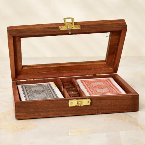 Playing Cards Set of 2 in Handmade Wooden Storage Box Case Holder with 5 Dice in Antique Design Anniversary Birthday Gifts "Made in India" (Design 1) - color: Design 1