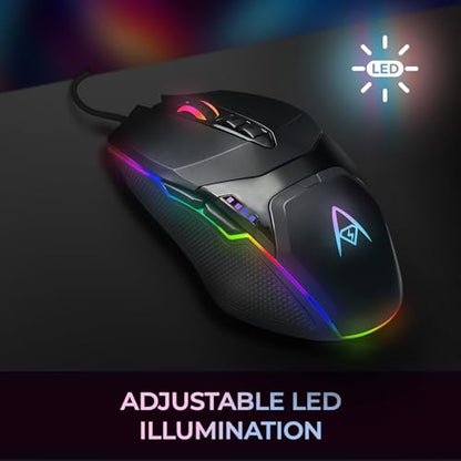 Adesso iMouse X5 USB RGB Illuminated Gaming Mouse, 7 Buttons | Adjustable Weight, 6 Level DPI Switch up to 6400, Ergonomic Design for Right-Handed Gamers, Multi-Color LED Backlight
