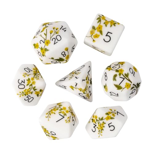 White DND Dice Set Flower Polyhedral Dice Set for D&D Tabletop Games | Premium Gift Box, DM Gift, for Dungeons and Dragons Role Playing Games - color: Pattern-yellow Flower