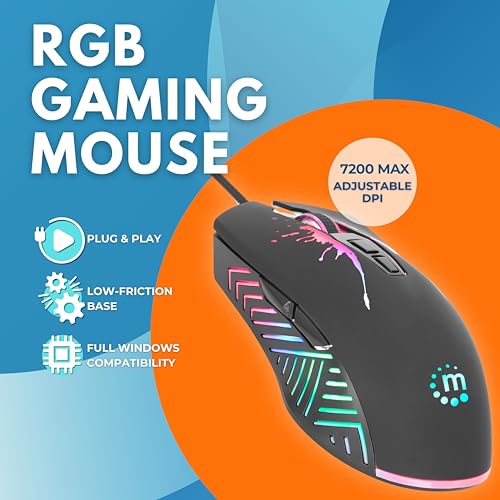 MANHATTAN RGB LED Wired Optical USB Gaming Mouse - 7200 DPI, Ergonomic Shape, 7 Buttons, Color-Changing LEDs, Low-Friction Base, Computer Mouse for Laptop, Extra-Long Braided Cable - 190121 | DPI USB pointer with seven controls, RGB lighting, smooth glide