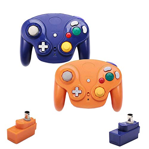 VTone Wireless Game Cube Controller, 2 Pieces 2.4G Wireless Classic Gamepad with Receiver Adapter for Wii Game Cube NGC GC (Orange and Dark Blue)