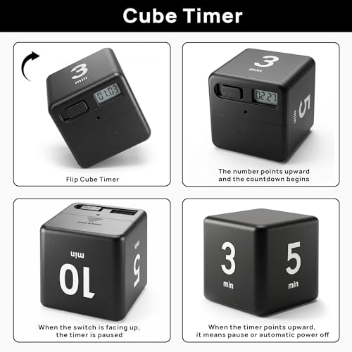 JOYIT Black Cube Timer 1 3 5 10 Minutes - Flip Countdown Visual Timer for Time Management, Kitchen, Workout, Study, Classroom, Office, Games - color: Black 1-3-5-10