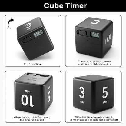 JOYIT Black Cube Timer 1 3 5 10 Minutes - Flip Countdown Visual Timer for Time Management, Kitchen, Workout, Study, Classroom, Office, Games - color: Black 1-3-5-10