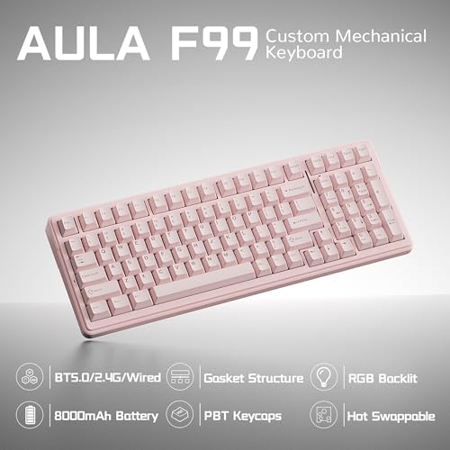 Aula F99 Wireless Silent Mechanical Keyboard, Tri-Mode 2.4GHz/BT5.0/USB-C, Hot Swappable Custom Keyboard, Pre-lubed Linear Switches, Gasket Structure RGB Backlit, Pink Gaming Keyboards for PC/Laptop - color: Pink