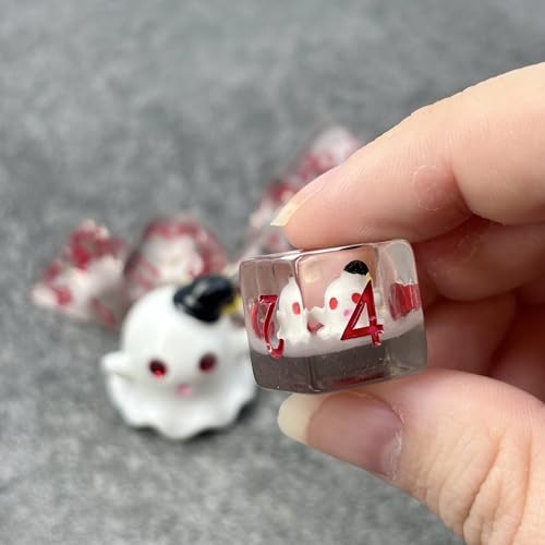 Sage's Portal Animal Familiars Resin DND Dice Set Polyhedral Dice Set for Dungeons and Dragons RPG Pathfinder Tabletop TTRPG (Sleepy Ghost + Figurine) - color: Sleepy Ghost + Mini Figure, style: Dice Set +Mini Figure