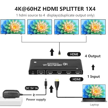 4K@60Hz 1x4 HDMI Splitter 4:4:4,18 Gbps,4 Port Powered HDMI 2.0 Splitter1 in 4 Out Support Auto Down Scaler, 4K 1080P Sync, HDR10,3D, Only Duplication/Mirror Screens (Not Extend) for HDTV/PS5 - size: 4K@60Hz 1x4 splitter