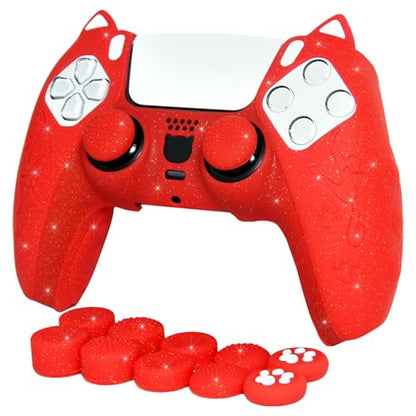 Red Cat Glitter Anti-Slip Protective Silicone Cover Skin Grips Compatible with PS5/Slim/Pro Controller,8 PCS Thumb Grips Caps and 2 Paw Grips Caps. (Cat Red) - color: Cat Red