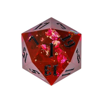 Cusdie Single D20 DND Dice with Sharp Edges and Glitter Foil Inclusions, 33mm Handcrafted 20 Sided D&D Dice, for Role Playing Game (Flame Red w/Black Numbers) - color: Flame Red With Black Numbers