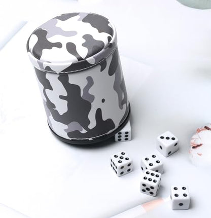 PU Leather Dice Cup Set, Felt Lined Camouflage Dice Shaker with 6 Dice for Liars Farkle Yahtzee Game - color: Camo Grey