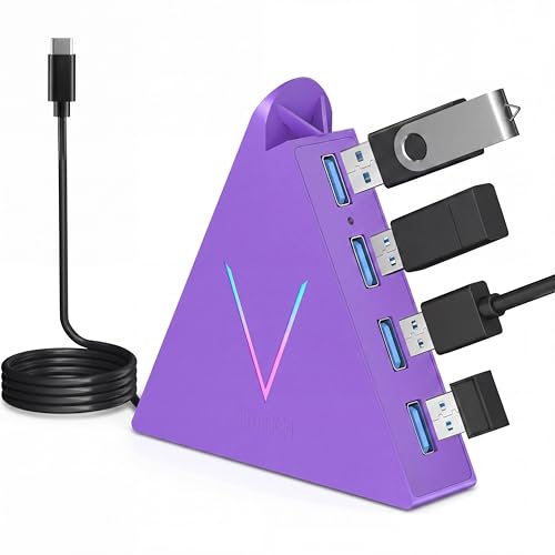 USB C Hub,USB Hub Tower with 2FT Extended Cable,Type C to USB 3.0 4-Port Splitter Adapter for MacBook, iMac, Laptop, Surface, XPS, Flash Drive, Keyboard, Mouse, HDD (2ft, Dark Purple - color: Purple-C