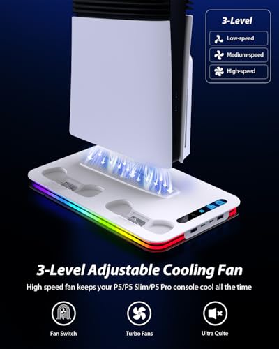 PS5 Cooling Station for PS5/Slim/Pro,PS5 Fan Cooling Fan with 8 RGB Light P5 Cooling Stand with 3 Level Fan Vertical Controller Charger Station with Dual Controller Chargers Dics Storage 4 HUB