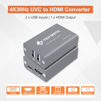 J-Tech Digital UVC to HDMI Converter Adapter 4K 30Hz, USB Camera to HDMI Output with On-Screen Controls, Live Streaming Support, Camera Charging, Works with UVC Webcams Capture Cards [JTECH-UHC-4K30]