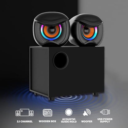 2.1 Computer Speakers, Gaming Stereo System with RGB Subwoofer, Wired USB Powered 3.5mm Auxiliary Speakers for PCs, Laptops, Tablets, Phones - Black