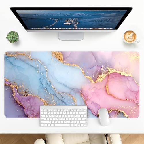 Large Gaming Mouse Pad, XL Desk Protector, Non-Slip Base | 31.5x15.7 in Extended Desk Mat with Stitched Edges for Keyboard, Work, Game, Office, Home PC and Laptop - color: Pink Marble