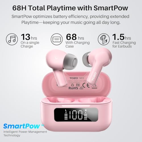 TOZO Hybrid Active Noise Cancelling Wireless Earbuds 6 Mics AI Clear Call | 68H Playtime LED Display 32 Preset EQs App Bluetooth 5.3 IPX8 Waterproof Ear Buds - color: Rose Gold