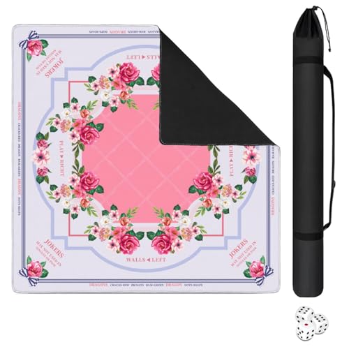 Mahjong Mat for Table with Carrying Bag & 3 Dice, Pink Floral 31.5"x31.5" Square Rubber Mahjong Table Cover, Non-Slip & Noise Reduction Gaming Mat for Mah Jongg, Poker, Dominoes & Tile Games - color: Pink