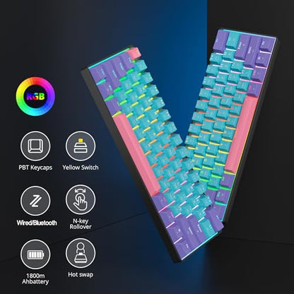Fogruaden 60 Percent Wireless Gaming Keyboard, Wired/Bluetooth Mechanical Keyboard 60%, RGB Backlit, Hot-Swappable Yellow Switch - color: Joker-61-Yellow Switch, size: Yellow Switch