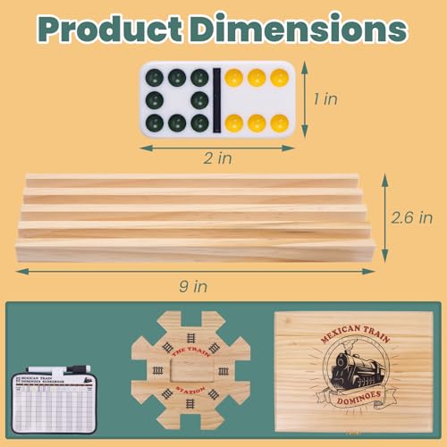 Extguds Double 12 Mexican Train Dominoes Set for Adults, Wooden Mexican Train Dominos with Solid Wood Storage Box, 91 Tiles, Hub, 8 Wooden Racks, Metal Train Markers, Scoreboard & Canvas Bag