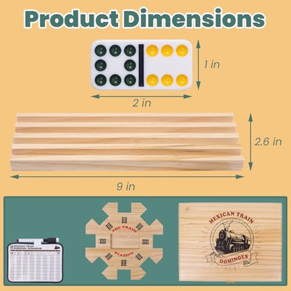 Extguds Double 12 Mexican Train Dominoes Set for Adults, Wooden Mexican Train Dominos with Solid Wood Storage Box, 91 Tiles, Hub, 8 Wooden Racks, Metal Train Markers, Scoreboard & Canvas Bag