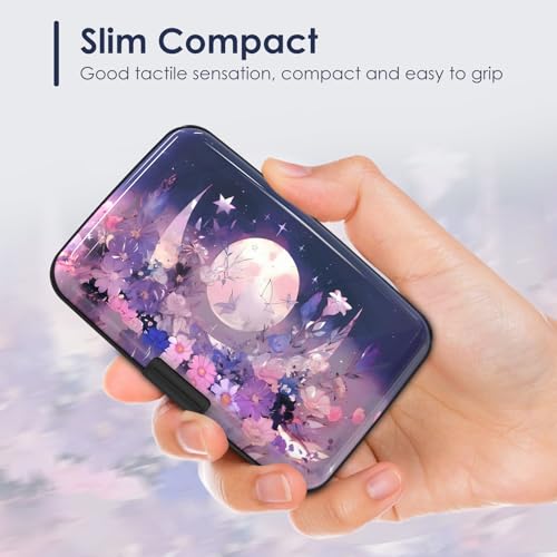 Mini Credit Card Holder for Women Men, RFID Blocking Slim Metal Card Case ID Case Business Travel Hard Wallet, Purple Flowers Moon - color: Purple Flowers Moon