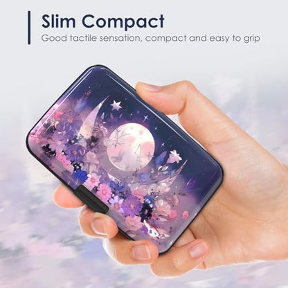 Mini Credit Card Holder for Women Men, RFID Blocking Slim Metal Card Case ID Case Business Travel Hard Wallet, Purple Flowers Moon - color: Purple Flowers Moon